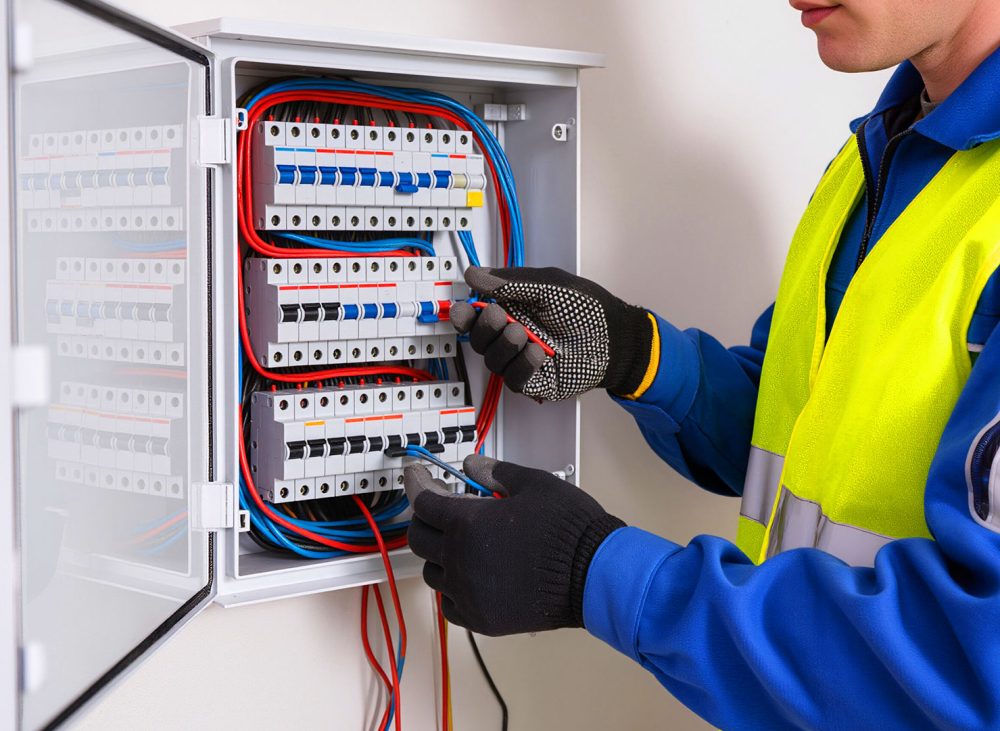 Electrician wearing safety gloves working inside open circuit breaker panel