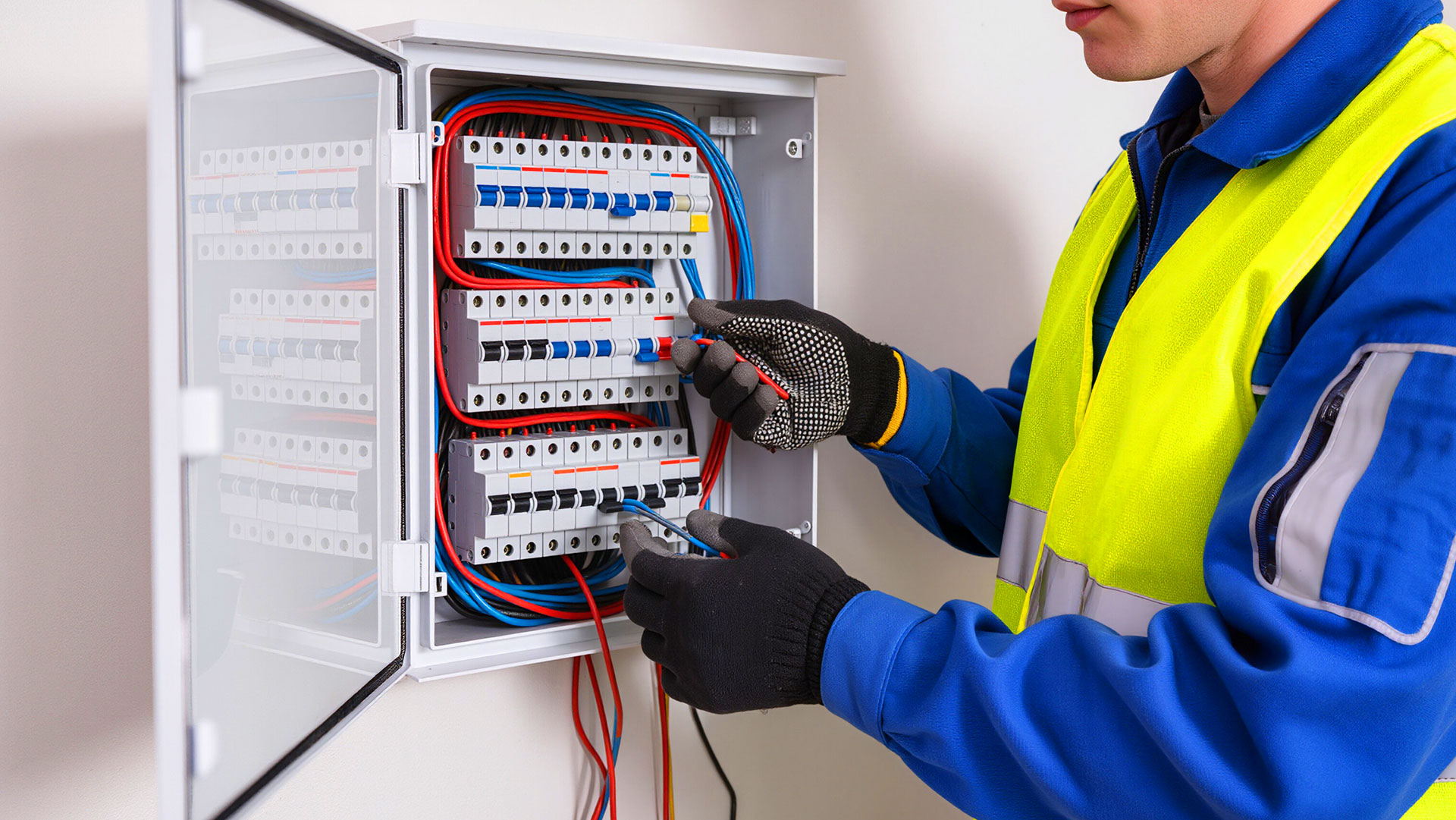 Electrician wearing safety gloves working inside open circuit breaker panel