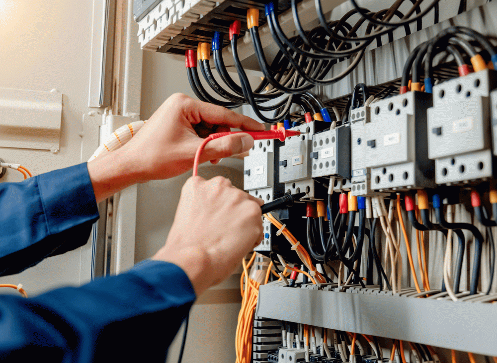 Electrician testing wiring and electrical components in a distribution panel using a multimeter.