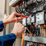 Electrician testing wiring and electrical components in a distribution panel using a multimeter.